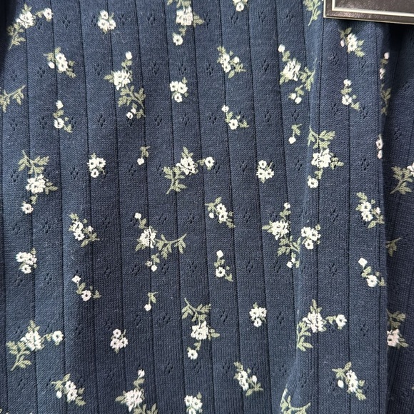 Just Polly Navy Blue Floral Crop Top Henley Long Sleeve Shirt - Picture 3 of 9